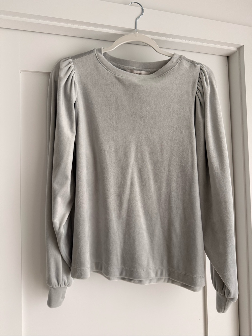 LOFT Light Gray Puff Sleeve Long Sleeve Velvet Top